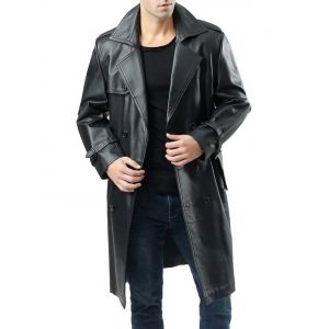 

Double Breasted Faux Leather Belted Coat, Black