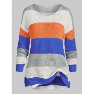

Plus Size Color Blocking Striped Drop Shoulder Tunic Sweater, Blueberry blue