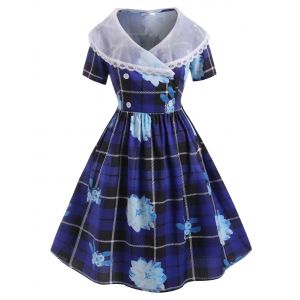 

Organza Panel Lace Trim Floral Plaid Plus Size Dress, Blue
