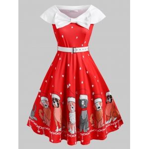 

Belted Bowknot Puppy Dog Heart Christmas Plus Size Dress, Red