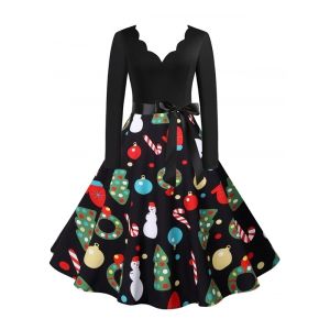 

Christmas Snowman Santa Claus Scalloped V Neck Belted Dress, Multi b