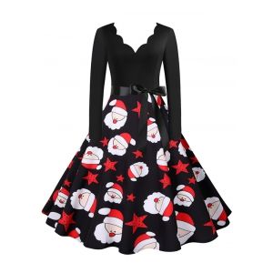 

Christmas Snowman Santa Claus Scalloped V Neck Belted Dress, Multi a