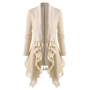 

Plus Size Waterfall Draped Tassel Asymmetrical Knit Cardigan, Light yellow