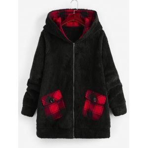 

Plus Size Plaid Hooded Pocket Fluffy Coat, Black