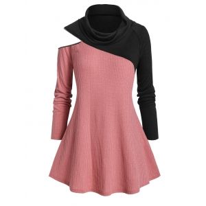 

Plus Size Colorblock Zip Embellished Cowl Neck Knitwear, Multi a