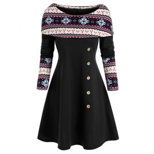 

Snowflake Print Foldover Christmas Dress, Black