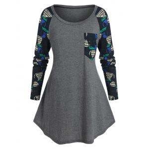 

Plus Size Cartoon Cat Raglan Sleeve Pocket T Shirt, Ash gray