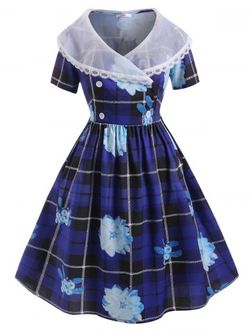 Organza Panel Lace Trim Floral Plaid Plus Size 1950s Dress - BLUE - 1X