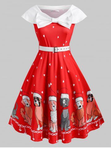 Belted Bowknot Puppy Dog Heart Christmas Plus Size Dress - RED - 2X