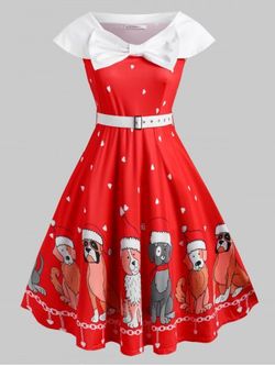 Belted Bowknot Puppy Dog Heart Christmas Plus Size Dress - RED - 3X