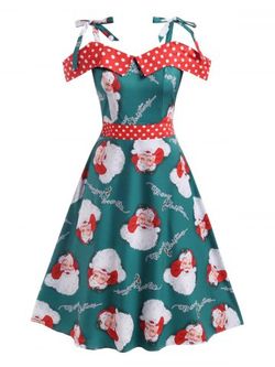 Plus Size Christmas Cold Shoulder Santa Claus Print Dress - DEEP GREEN - L