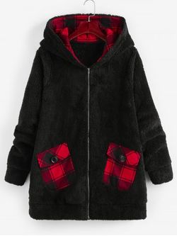 Plus Size Plaid Hooded Pocket Fluffy Coat - BLACK - L