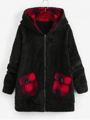 Plus Size Plaid Hooded Pocket Fluffy Coat