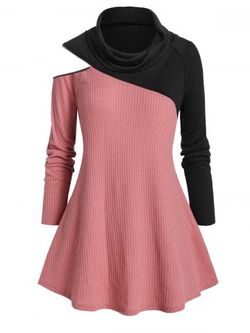 Plus Size Colorblock Zip Embellished Cowl Neck Knitwear - MULTI-A - L