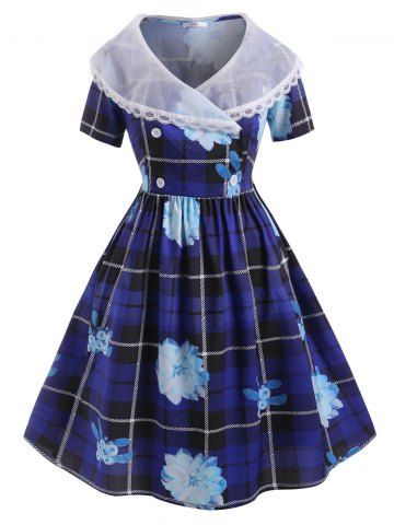 Organza Panel Lace Trim Floral Plaid Plus Size 1950s Dress - BLUE - 1X
