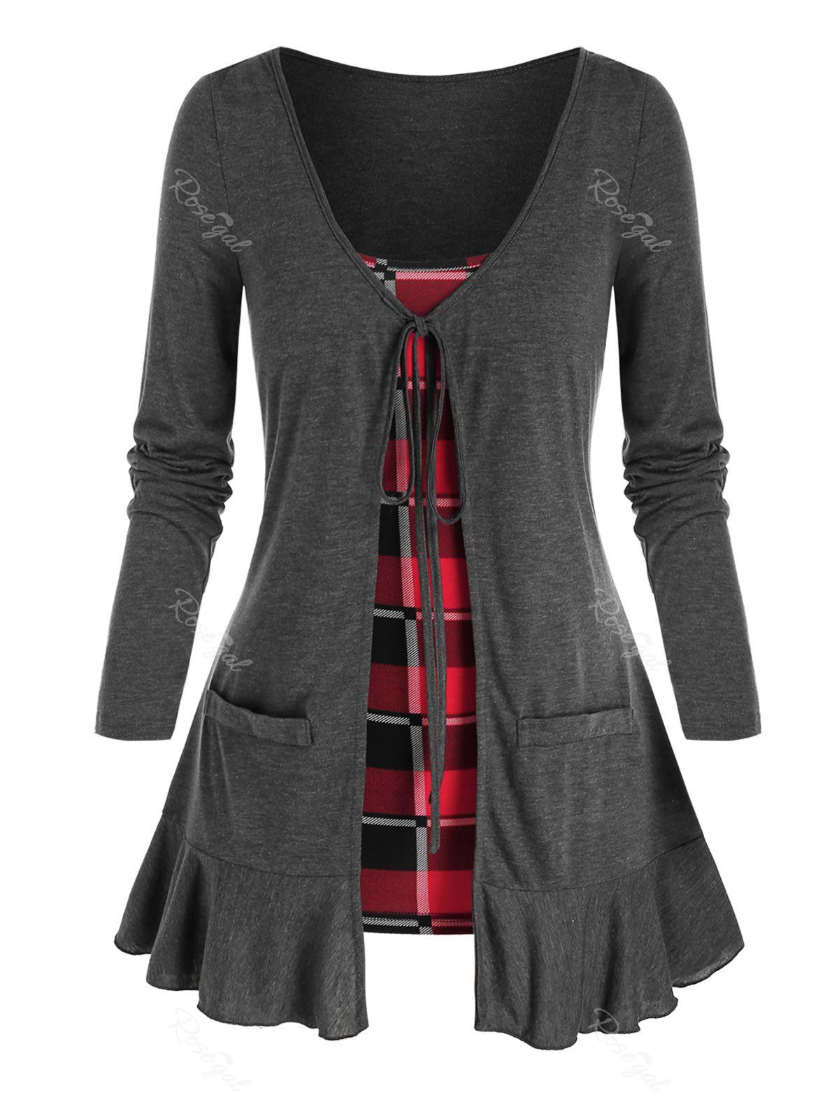 

Plus Size Tie Front Flounce Hem Top with Plaid Camisole, Dark slate grey