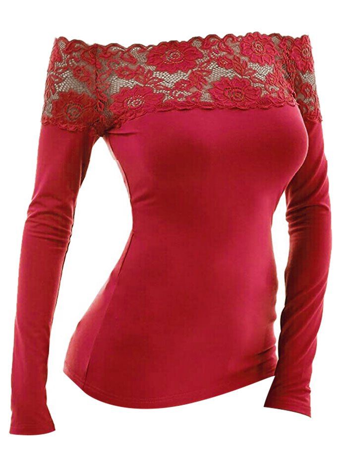 

Lace Scalloped Off Shoulder Long Sleeve T Shirt, Red