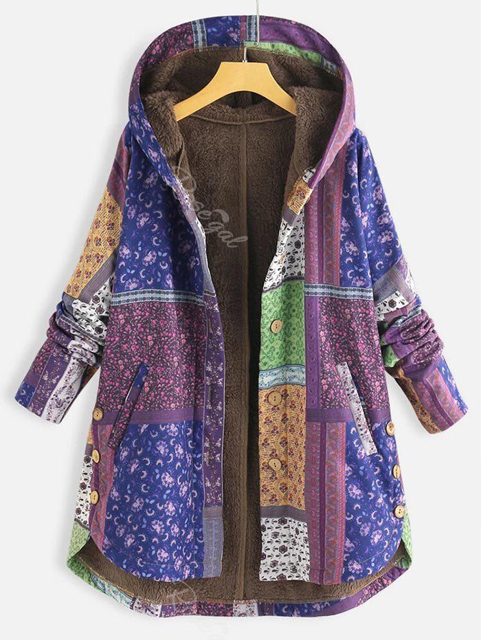 

Plus Size High Low Faux Fur Lined Floral Coat, Purple