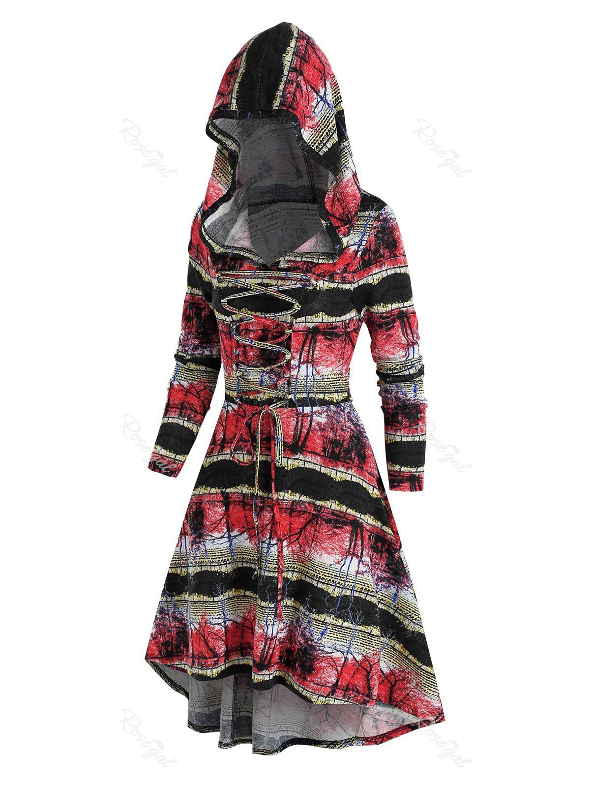 Robe Haute Basse Motif de Pont et de Forêt à Lacets Multi-A XL