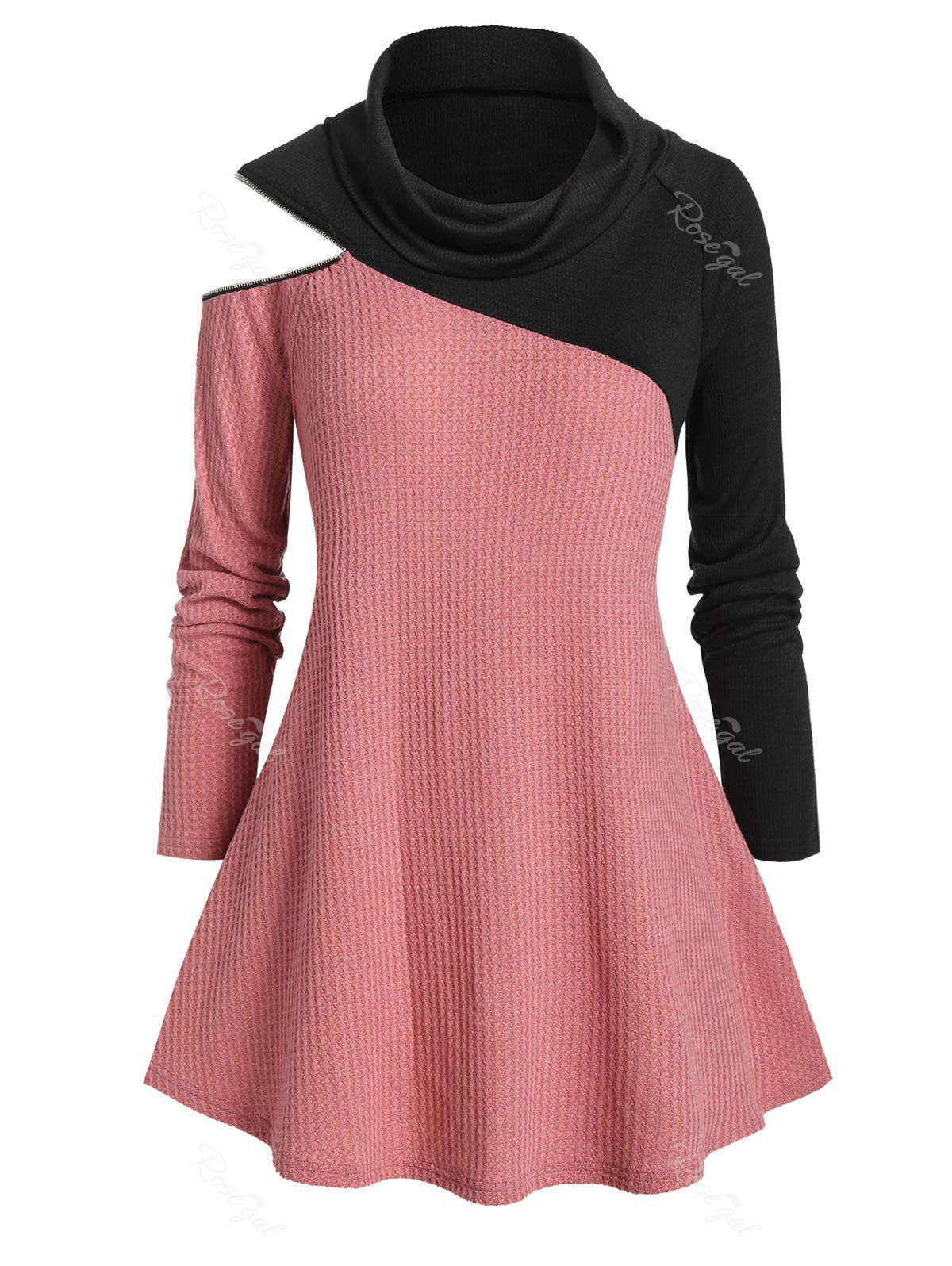 Outfit Plus Size Colorblock Zip Embellished Cowl Neck Knitwear  