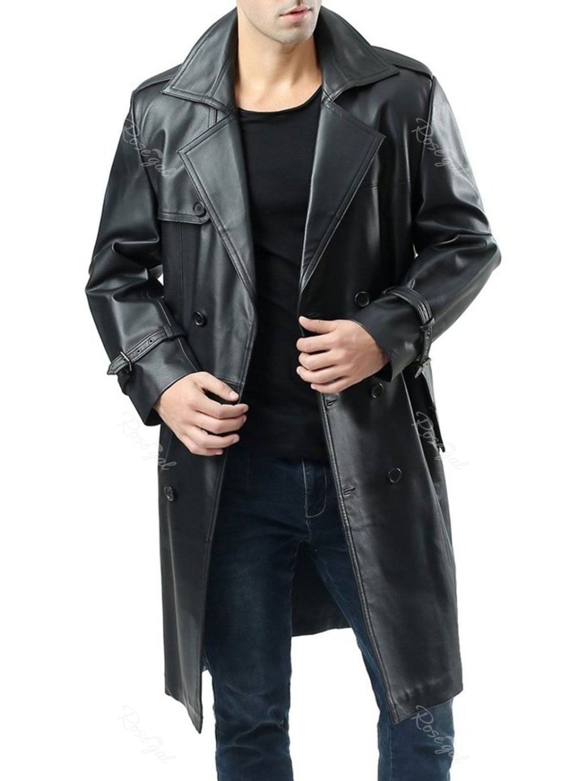 

Double Breasted Faux Leather Belted Coat, Black