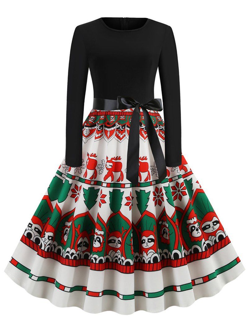 

Christmas Pattern Belted Long Sleeve Dress, Multi
