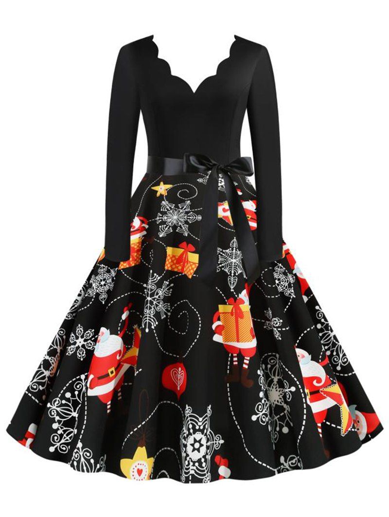 

Scalloped Neck Christmas Snowflake Santa Claus Belted Dress, Black