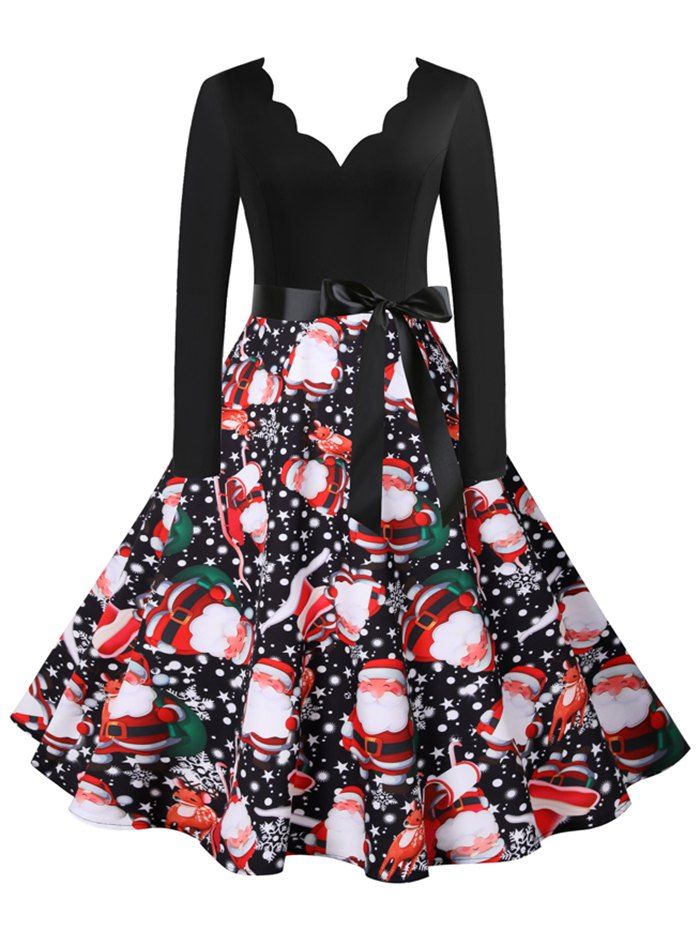 

Christmas Snowflake Santa Claus Scalloped Belted V Neck Dress, Multi-a