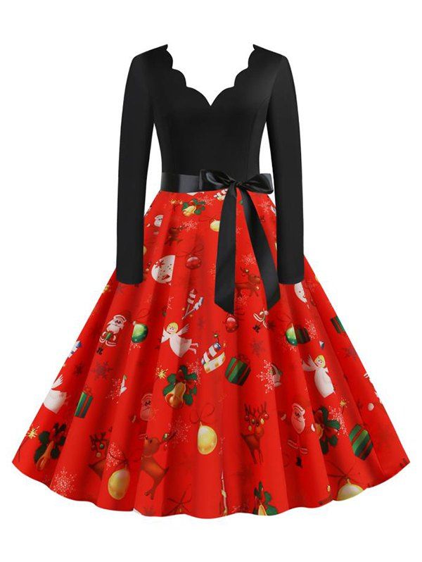 

Vintage Scalloped Neck Christmas Printed Belted Long Sleeve Dress, Red