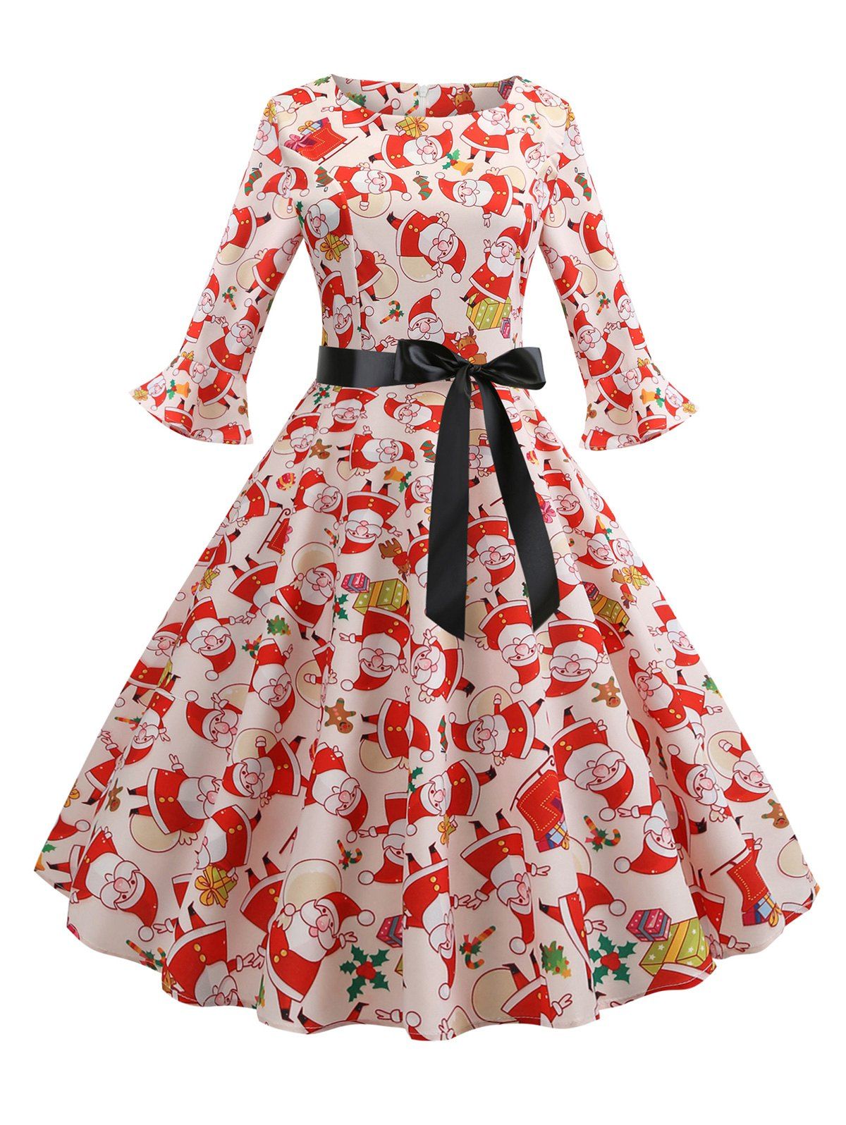 

Christmas Santa Claus Flared Cuffs A Line Belted Dress, Red