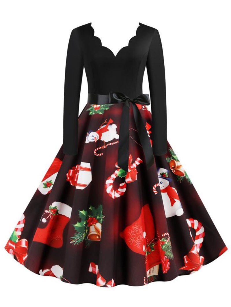 

Scalloped Neck Christmas Pattern Belted Long Sleeve Dress, Black