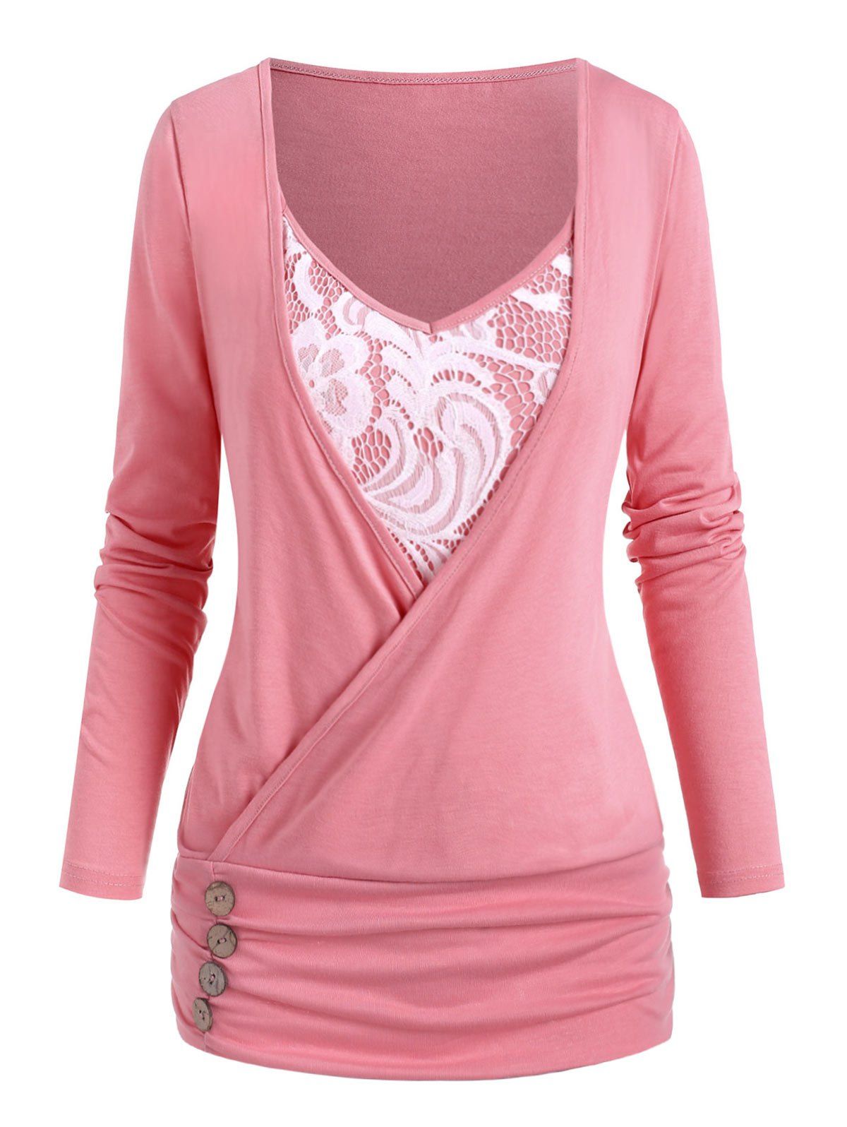 

Lace Panel Surplice Ruched Detail Long Sleeve Top, Pink
