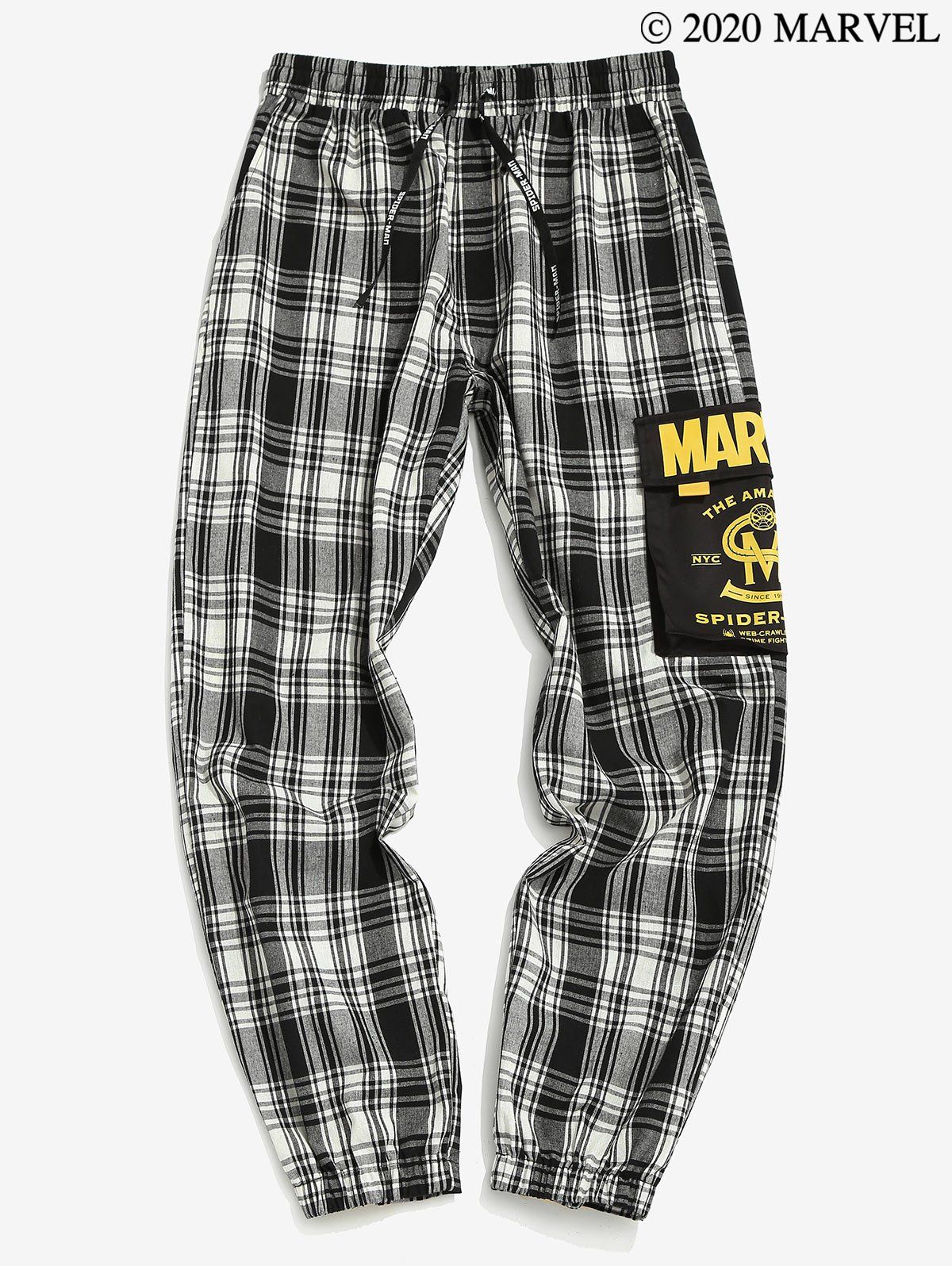 

Marvel Spider-Man Drawstring Plaid Cargo Pants, Black