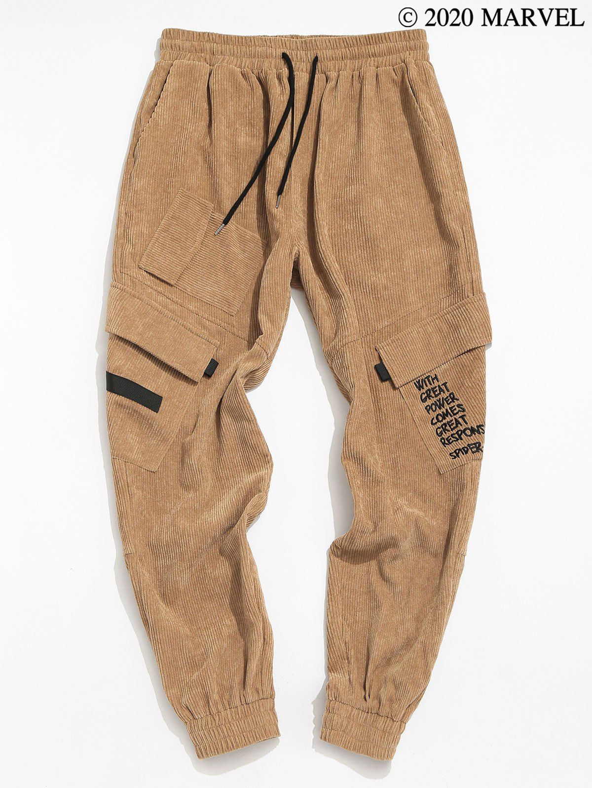 

Marvel Spider-Man Drawstring Corduroy Letter Embroidered Cargo Pants, Light coffee