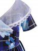 Robe d'Années 50 Grande Taille à Carreaux Effet en Dentelle Florale - Bleu 1X
