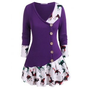 

Plus Size Christmas Elk Print Layered Flounce T Shirt, White