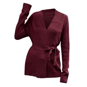 

Collarless Belted Knitted Coat, Red