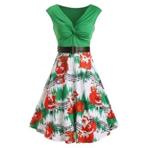 

Christams Twist Front Santa Claus Musical Note Print Sleeveless Dress, Green