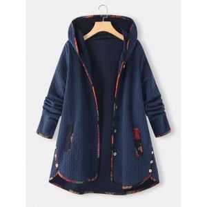 

Plus Size Hooded Contrast Trim Pocket Embossed Tunic Coat, Deep blue