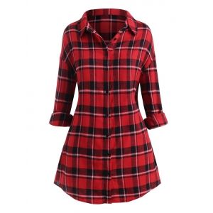 

Plus Size Plaid Drop Shoulder Button Front Tunic Shirt, Red