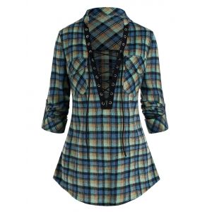 

Plaid Print Double Pockets Lace-up Blouse, Multi a