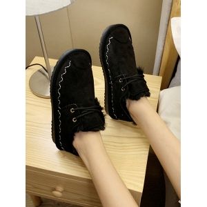 

Casual Lace Up Faux Fur Flat Shoes, Black