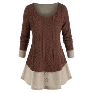 

Plus Size Knitted Colorblock Mock Button Twofer T Shirt, Deep brown