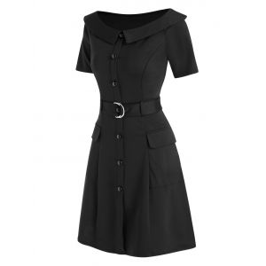 

Boat Neck Pockets Mini Dress, Black