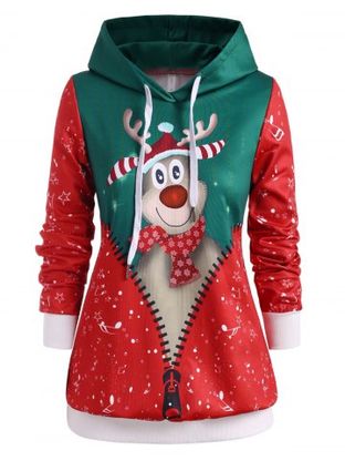 Plus Size Christmas Elk Print Pullover Hoodie