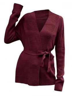 Collarless Belted Knitted Coat - RED - S
