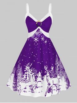 Plus Size Christmas Bicolor Elk Snowflake Print Dress - PURPLE IRIS - 1X