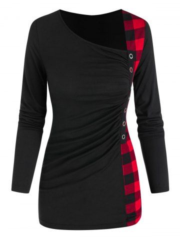 

Plaid Panel Grommet Asymmetric T Shirt, Black