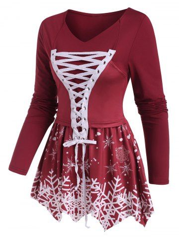 V Neck Lace-up Christmas Snowflake Print Long Sleeve Top - DEEP RED - XL
