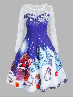 Plus Size Christmas Claus Snowflake See Thru Long Sleeve Dress